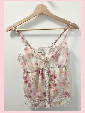 Hollister Floral Ruffle Camisole in White with Pink & Green Floral Print